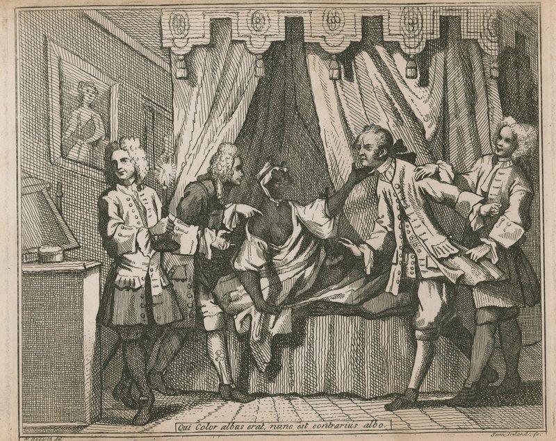 Artık beyaz bir renk olan, beyazın karşıtıdır; Dört adam yatak odasında siyah bir kadınla yüzleşiyor by William Hogarth