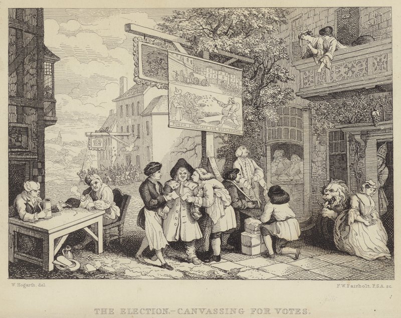 Seçim - Oyların Toplanması: Bir Seçimin Mizahları başlıklı dört seriden biri olan 1755 parlamento seçimlerine ilişkin hiciv by William Hogarth