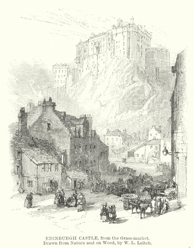 Çim pazarından Edinburgh Kalesi (gravür) by William Leighton (after) Leitch