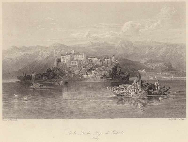 Isola Lechi, Garda Gölü, İtalya (gravür) by William Leighton (after) Leitch