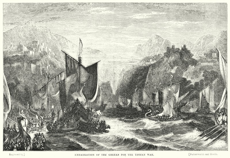 Yunanlıların Torjan Savaşı için gemiye binişi (gravür) by William Linton