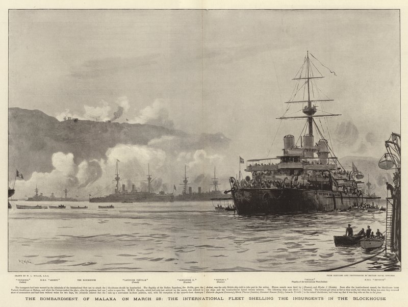 23 Mart'ta Malaxa'nın Bombardımanı, Uluslararası Filo'nun Blockhouse'da İsyancıları bombalaması by William Lionel Wyllie