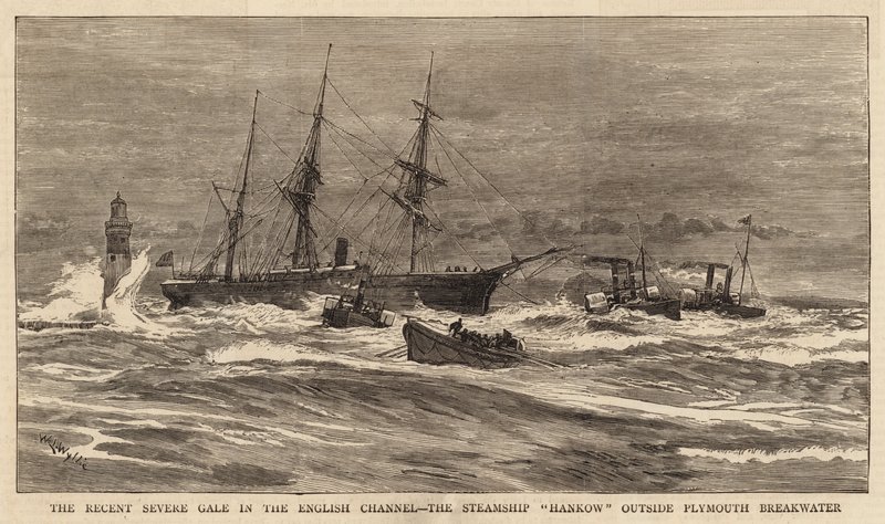 İngiliz Kanalında Son Şiddetli Fırtına, Plymouth Dalgakıran dışındaki Vapur Hankow by William Lionel Wyllie