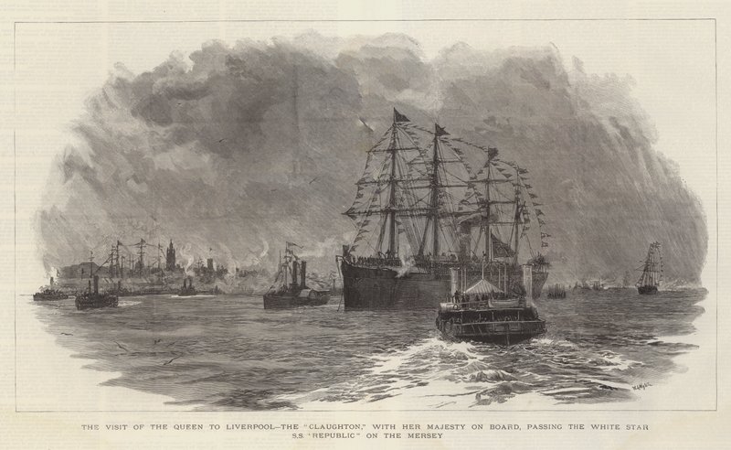 Kraliçe'nin Liverpool'u ziyareti Claughton, Majesteleri ile birlikte Mersey'de Beyaz Yıldız SS Cumhuriyeti'ni geçerken by William Lionel Wyllie