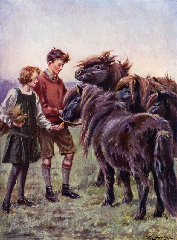 Shetland midillilerini besleyen kız ve erkek (renkli taş) by William Luker
