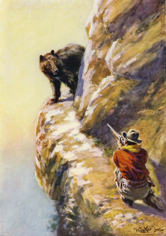 Dar bir dağ çıkıntısında bir adam ve bir ayı arasındaki yüzleşme (renkli taş) by William Luker