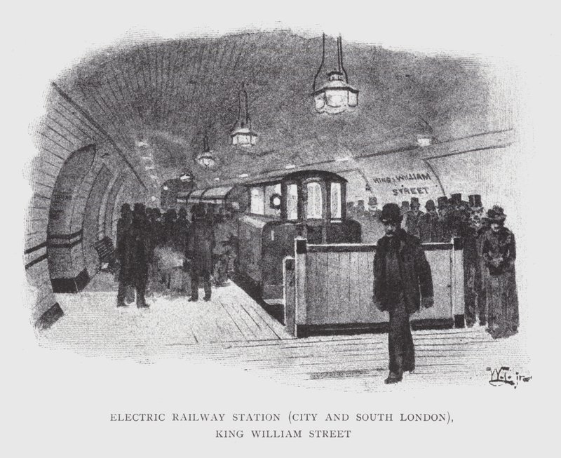 Elektrikli Tren İstasyonu, Şehir ve Güney Londra, King William Street (litho) by William Luker