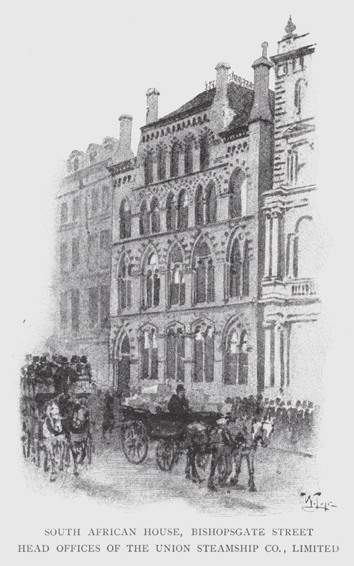 Güney Afrika Evi, Bishopsgate Caddesi, Union Steamship Co, Limited (litho) Genel Müdürlükleri by William Luker