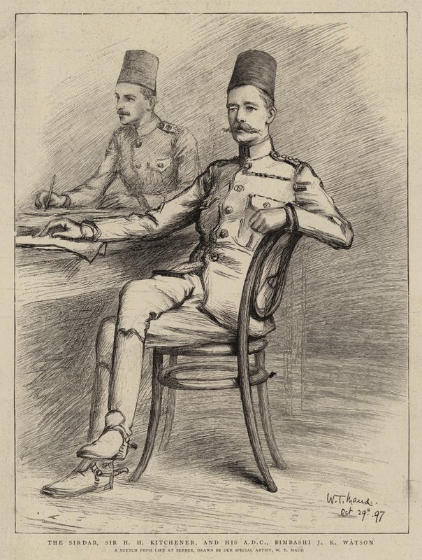 Sirdar, Sir HH Kitchener ve ADC'si Bimbashi JK Watson (lito) by William T. Maud