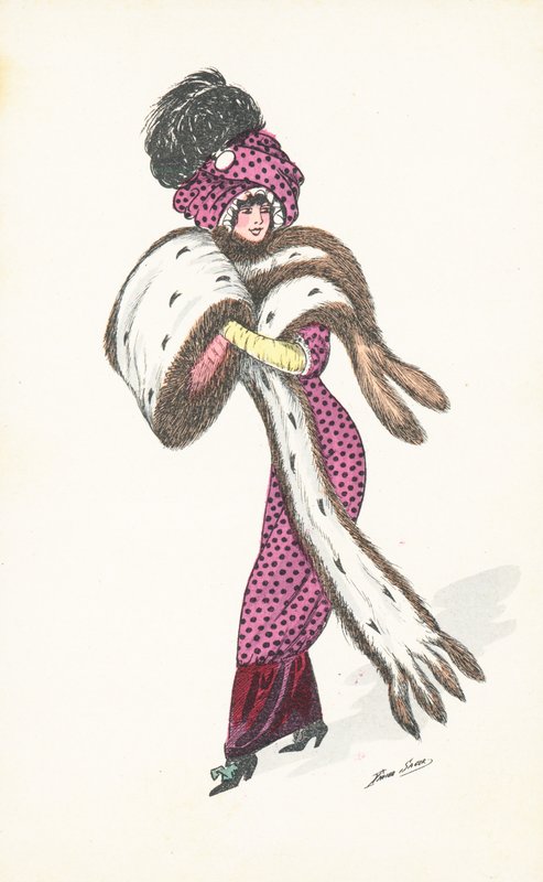 Uzun kürklü zarif Parisli kadın çaldı (chromolitho) by Xavier Sager