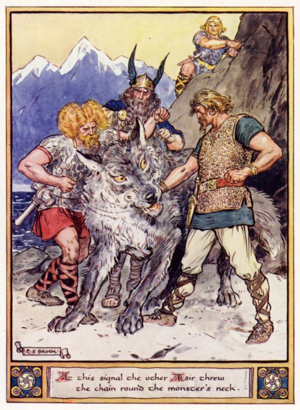Bu işaret üzerine diğer Aesir zinciri canavarın boynuna attı. by after Charles Edmund Brock