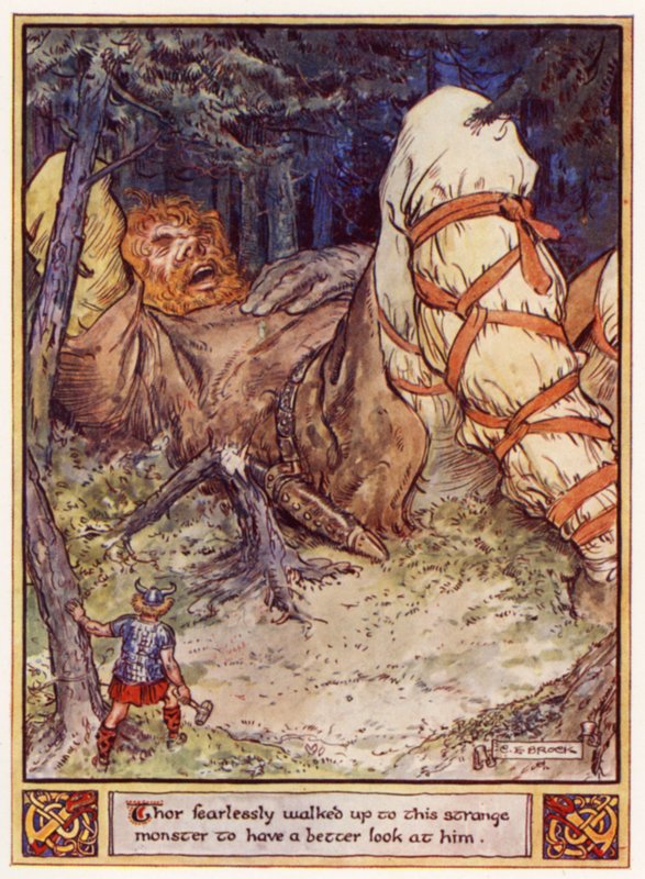 Thor, ona daha iyi bakmak için korkusuzca bu garip canavara doğru yürüdü. by after Charles Edmund Brock