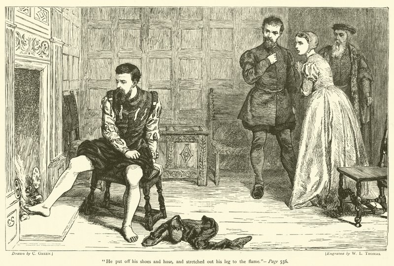 Ayakkabılarını ve hortumunu çıkardı ve bacağını aleve doğru uzattı. by after Charles Green