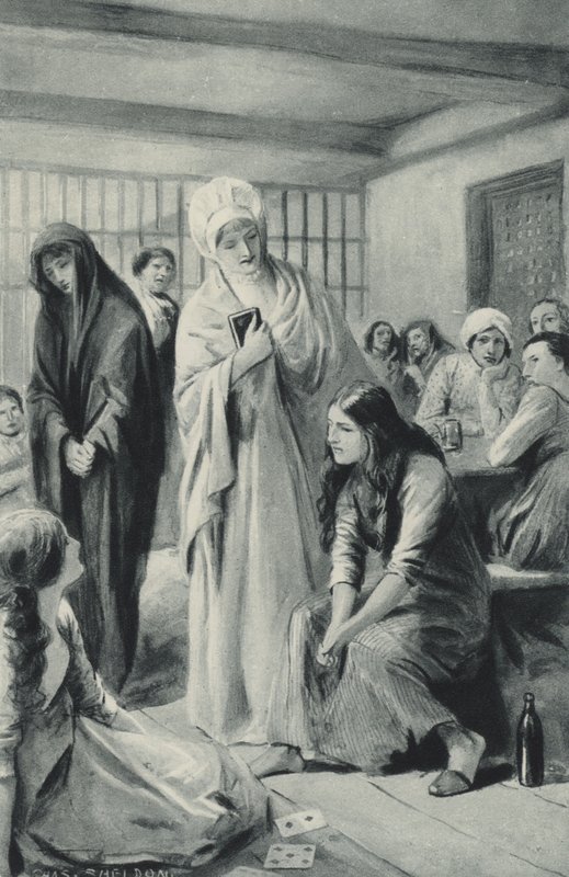 Elizabeth Fry, Newgate zindanlarına girip çıkıyor. by after Charles Mills Sheldon