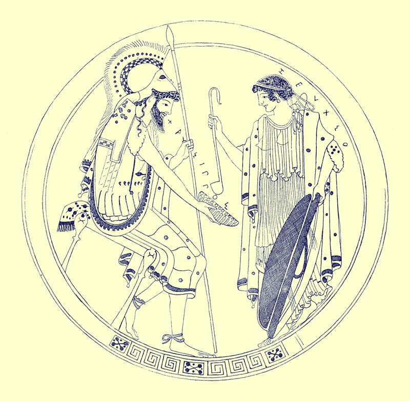Oturan bir savaşçı şarap bardağını tutuyor, J. E. Harrison ve D. S. MacColl