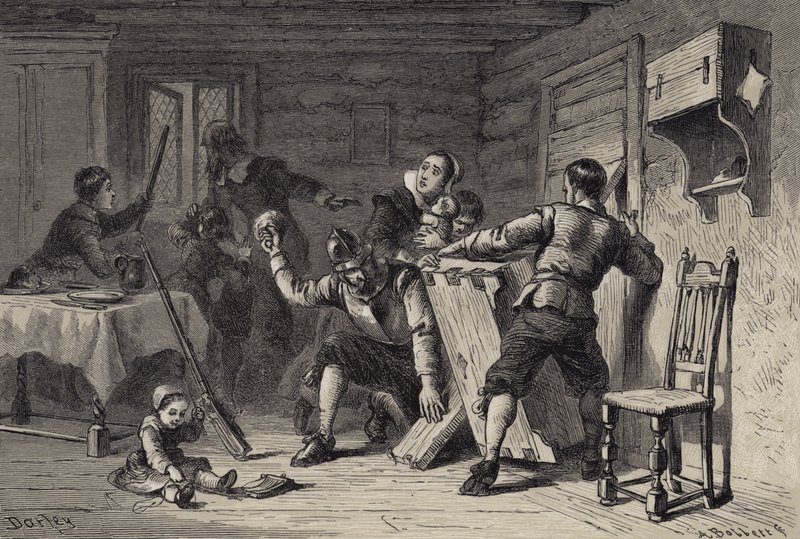 Püritenler Evlerini Kızılderililere karşı barikat kuruyor by after Felix Octavius Carr Darley