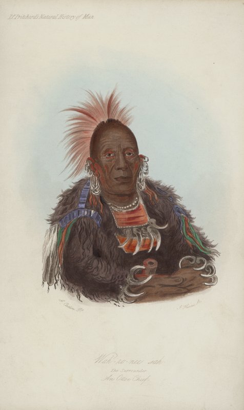 Wah-ro-nee sah, The Surrounder, Bir Ottoe Chief (aquatint) by after George Catlin