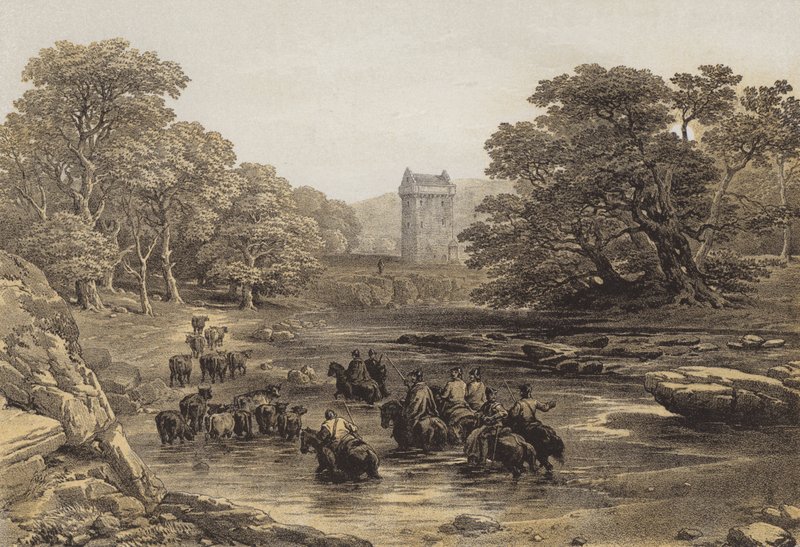 Gilnockie Kulesi (kromolitho) by after George Cattermole