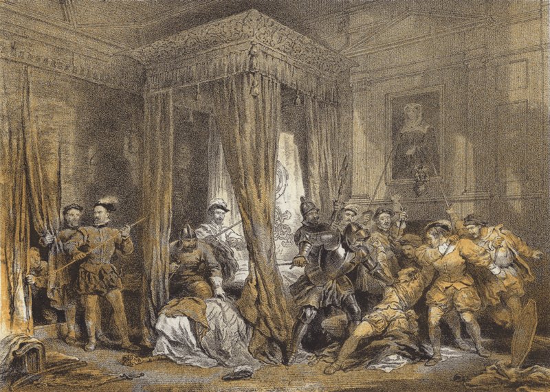 Queen Marys Yatak Odası, Holyrood (chromolitho) by after George Cattermole