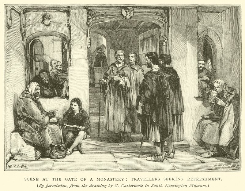 Bir manastırın kapısında manzara, ferahlık arayan gezginler by after George Cattermole