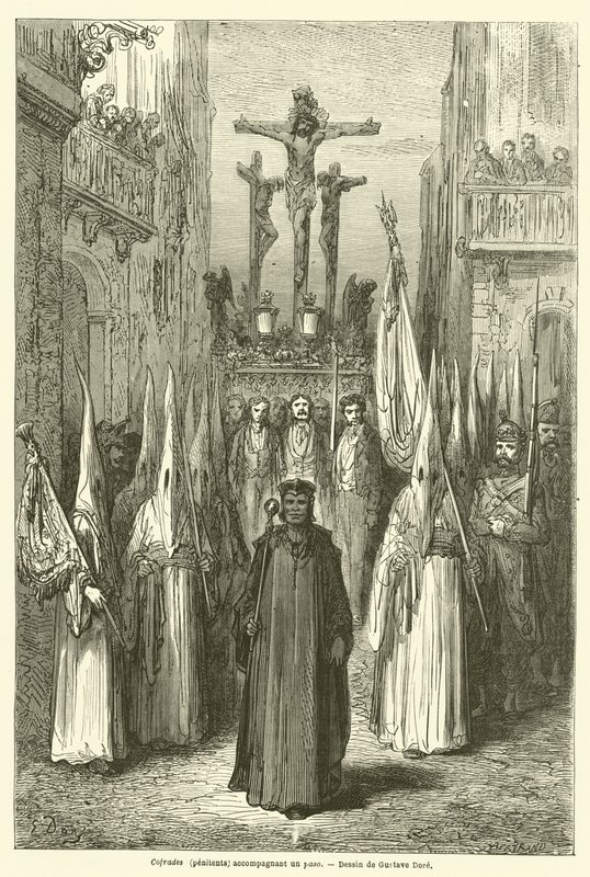 Bir pasoya eşlik eden Cofrades (tövbekarlar) by Gustave after Dore