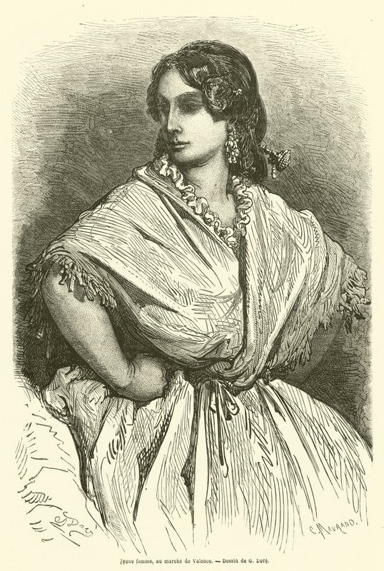 Valence pazarında genç kadın by Gustave after Dore