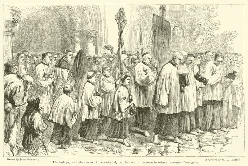 Piskoposlar, katedralin kanonlarıyla, ciddi bir tören alayı içinde kasabadan dışarı çıktılar. by after John Gilbert