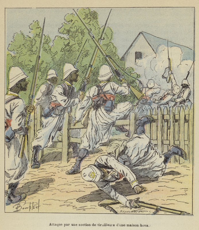 Bir Hova evinin avcı erlerinin bir bölümü tarafından saldırı by after Louis Charles Bombled