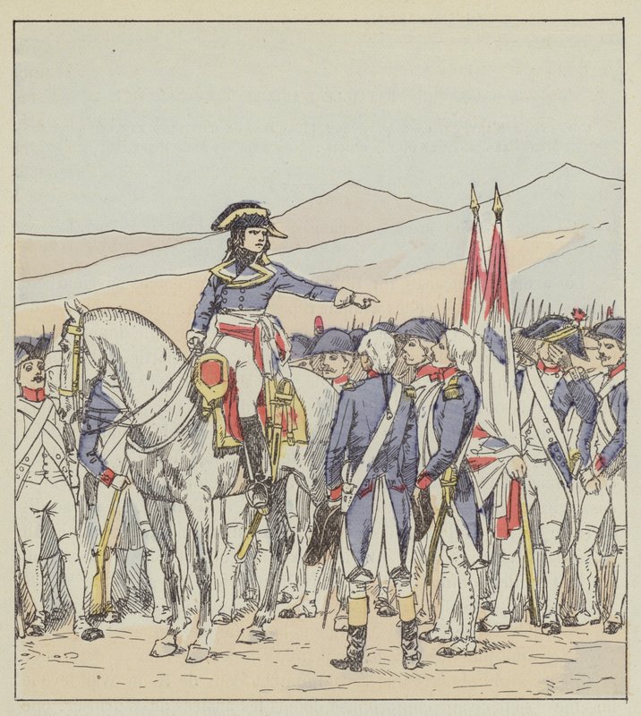 Bonaparte, Rivoli platosundaki Vaubois tümeninin 85. ve 39. birliklerini kınadı by after Louis Charles Bombled