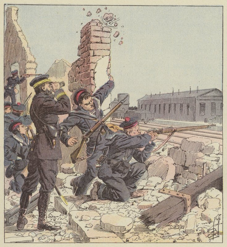 Tien-Tsin istasyonunun denizciler tarafından savunması by after Louis Charles Bombled
