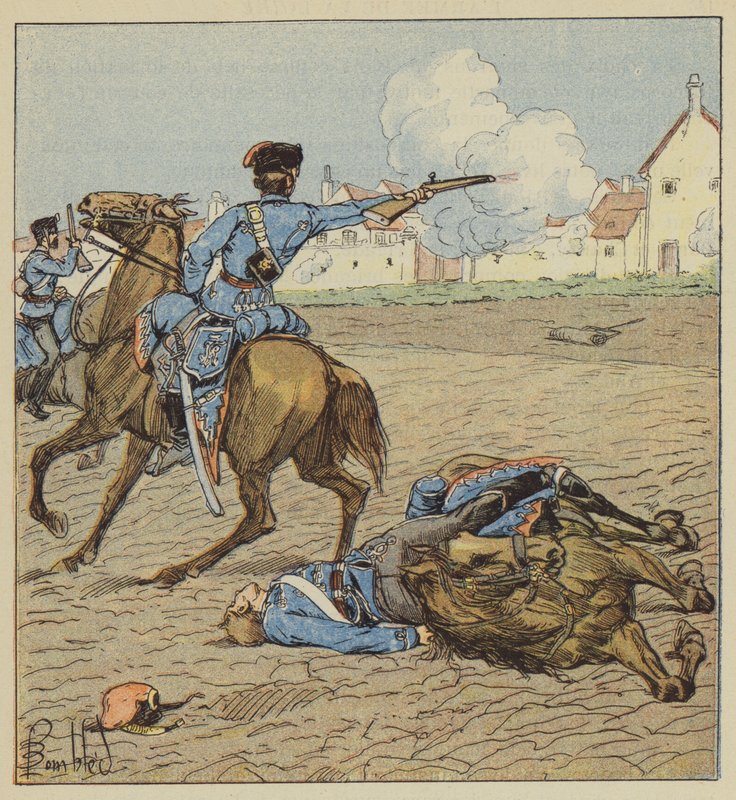 Bir köye saldıran Prusya süvarileri by after Louis Charles Bombled