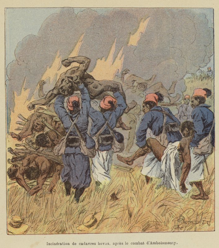 Ambolomonty savaşından sonra Hova cesetlerinin yakılması by after Louis Charles Bombled