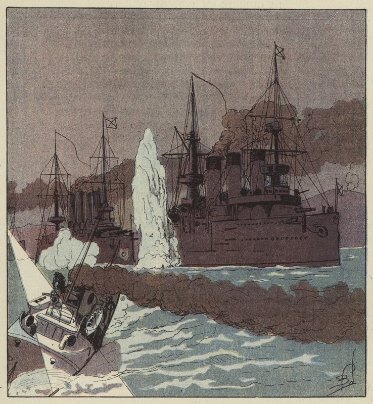 Rus filosu Japonlar tarafından torpido edildi by after Louis Charles Bombled