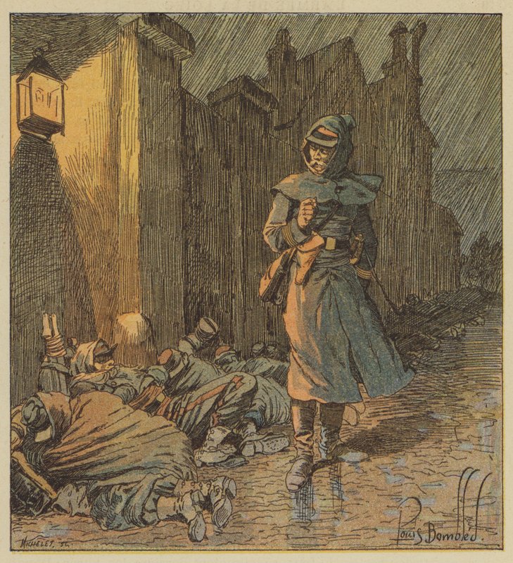 Albay de Bourgoing, askerlerinin yağmurda uyuduğu Cerdon sokaklarında yürüyor by after Louis Charles Bombled