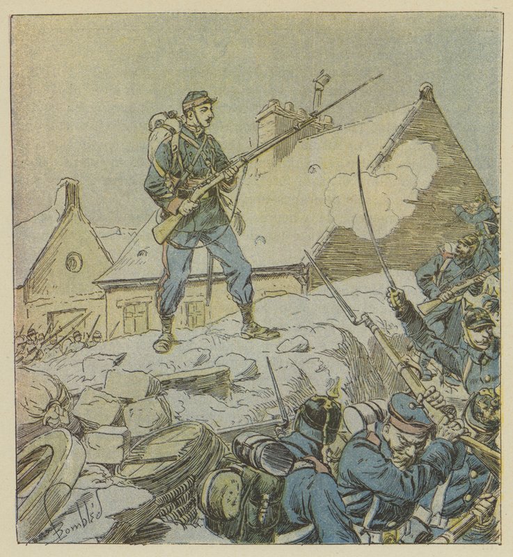 Çavuş Pitou, Courceboeufs barikatına korkusuzca tırmanırken, köyü almaya karar verir. by after Louis Charles Bombled