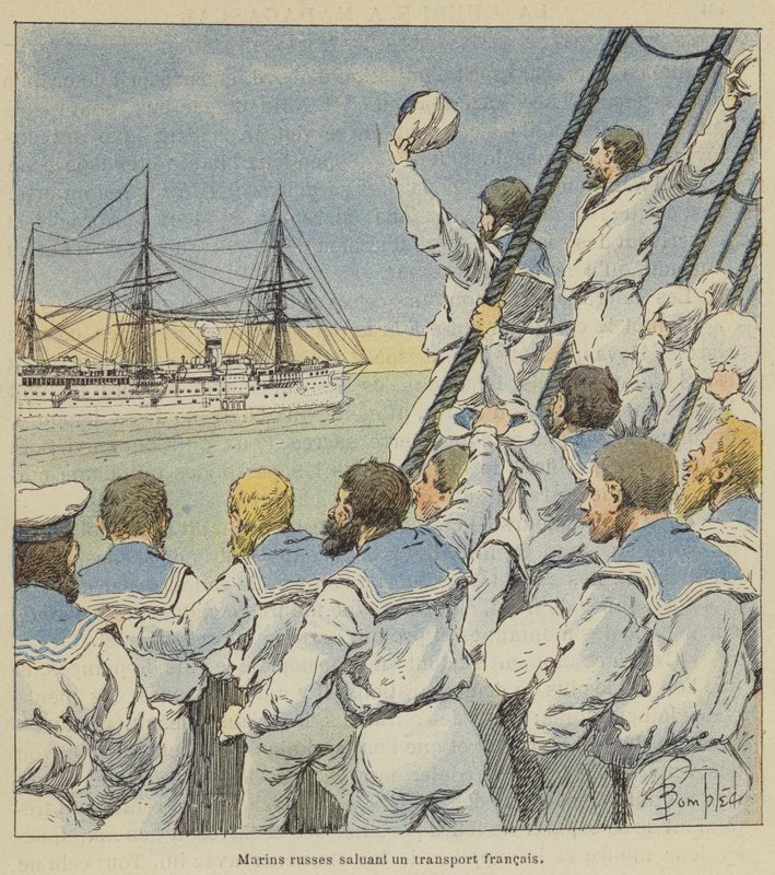 Bir Fransız nakliyesini selamlayan Rus denizciler by after Louis Charles Bombled