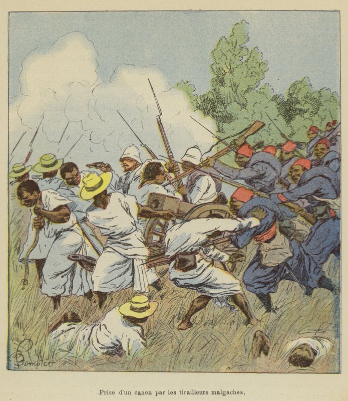 Madagaskarlı tüfekçiler tarafından bir topun ele geçirilmesi by after Louis Charles Bombled