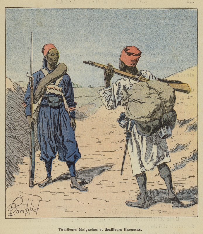 Madagaskarlı avcı erleri ve Hausa avcı erleri by after Louis Charles Bombled