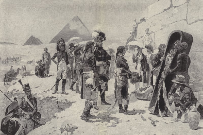 Napolyon piramitlerin önünde bir firavunun mumyasını düşünürken by after Maurice Henri Orange