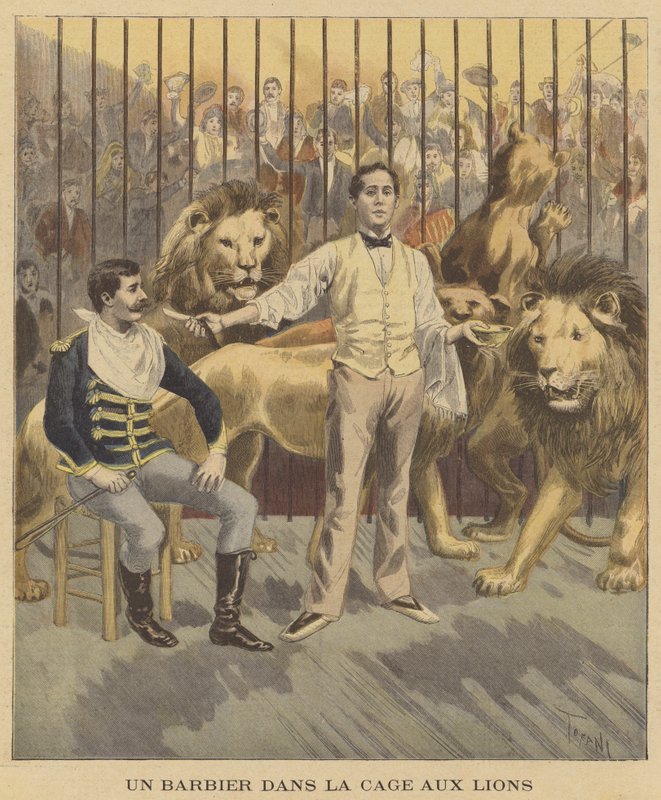 aslan kafesinde bir berber by after Oswaldo Tofani
