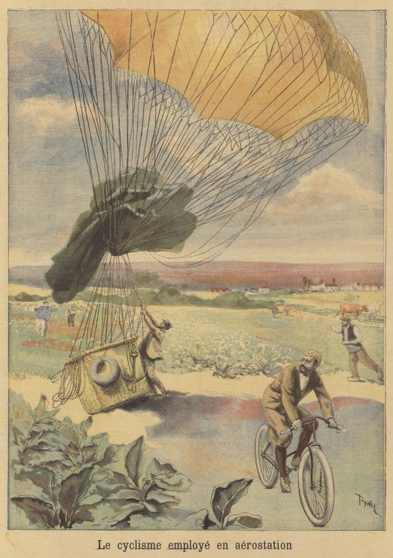 Bir balon tarafından taşındıktan sonra yola çıkan bir bisikletçi by after Oswaldo Tofani