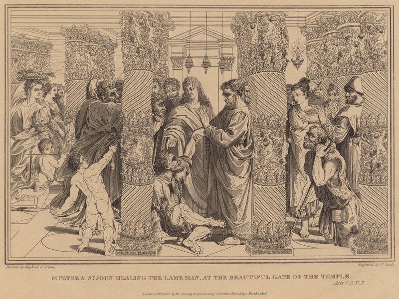 Aziz Peter ve Aziz John, Tapınağın Güzel Kapısında Topal Adamı İyileştiriyor, Eylemler by after Raphael