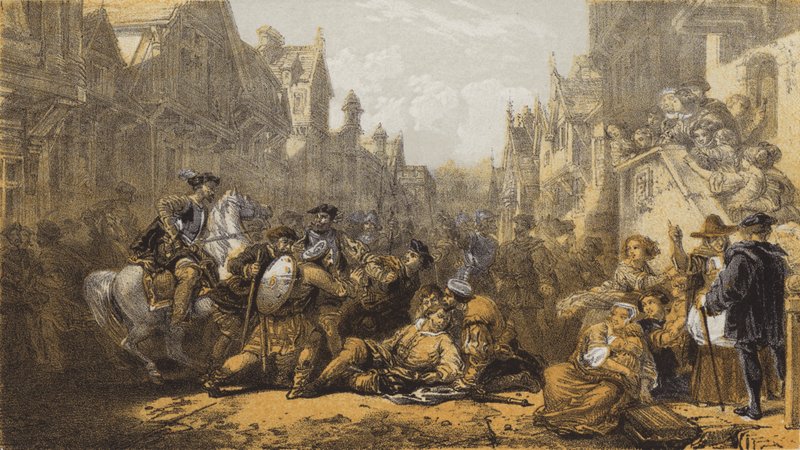 Eski Linlithgow, Regent Moray Suikastı (chromolitho) by after William Allan