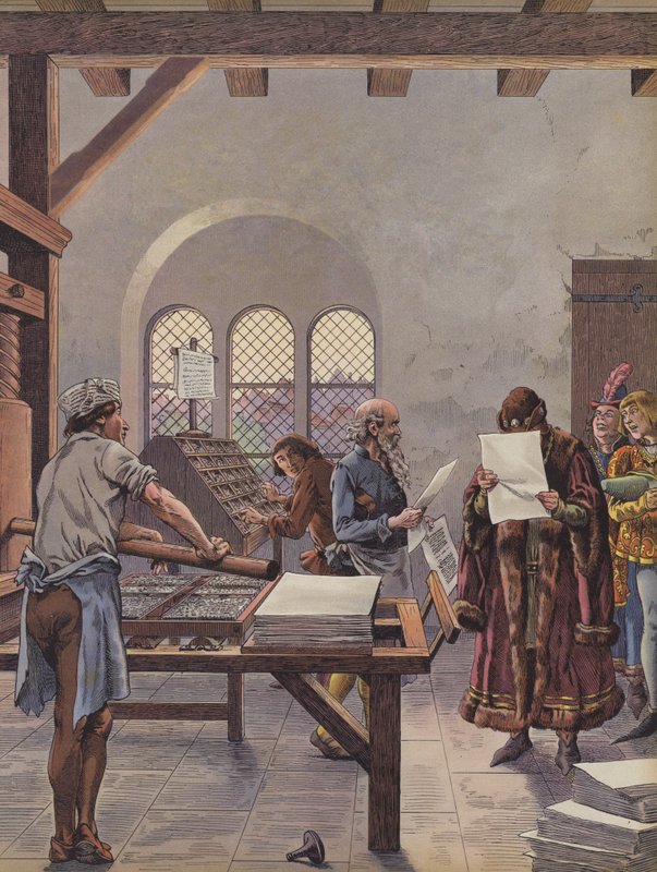 Kral Louis XI bir baskı makinesine basılmış bir belgeyi okuyor (renkli lito) by pseudonym for Onfray de Breville Jacques Job
