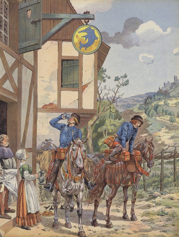 Yol kenarındaki bir handa tazeleme yapan haberciler (renkli taş) by pseudonym for Onfray de Breville Jacques Job
