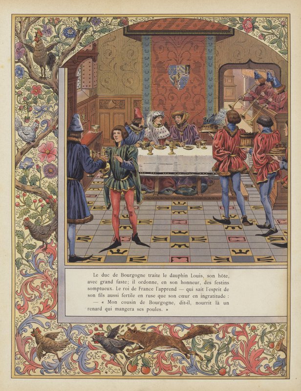 Burgonya Dükü Louis, Fransa Dauphin için görkemli bir şölen sunuyor (renkli taş) by pseudonym for Onfray de Breville Jacques Job