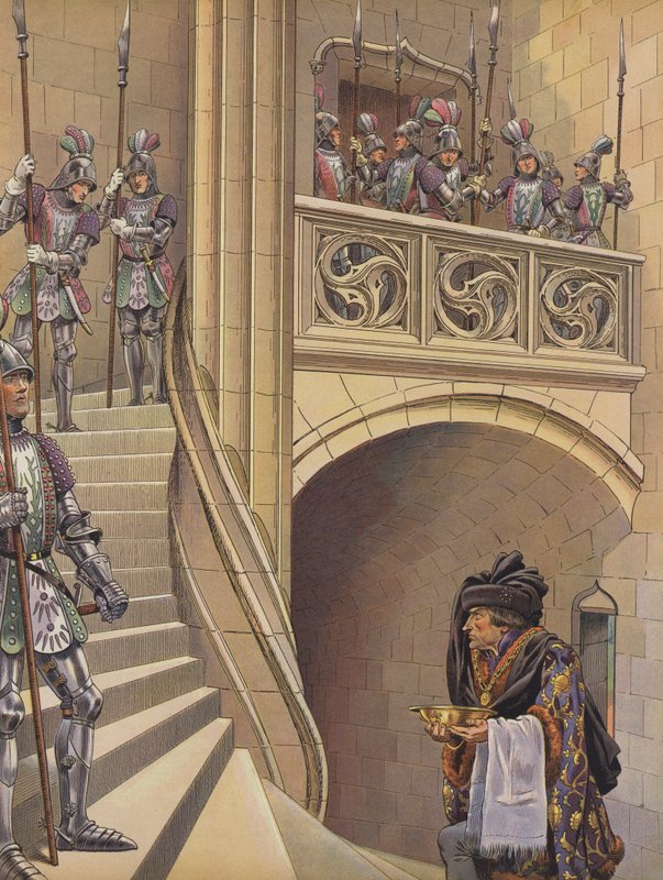 Berber, sayısız silahlı muhafızı geçerek (renkli lito) kralın odasına giden merdivenleri tırmandı. by pseudonym for Onfray de Breville Jacques Job