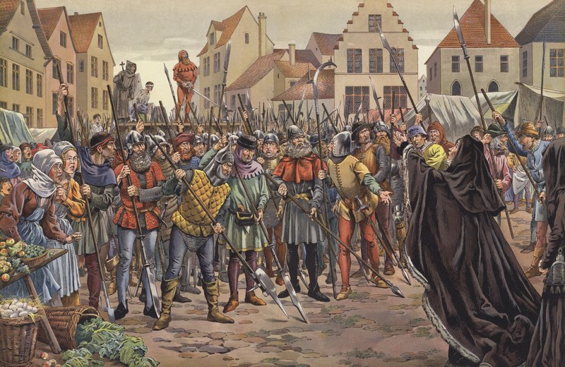 Burgonya Düşesi Mary, Fransa Kralı XI. Louis ile mektuplaşan babasının iki meclis üyesinin yaşamları için Gent halkına yalvarıyor by pseudonym for Onfray de Breville Job